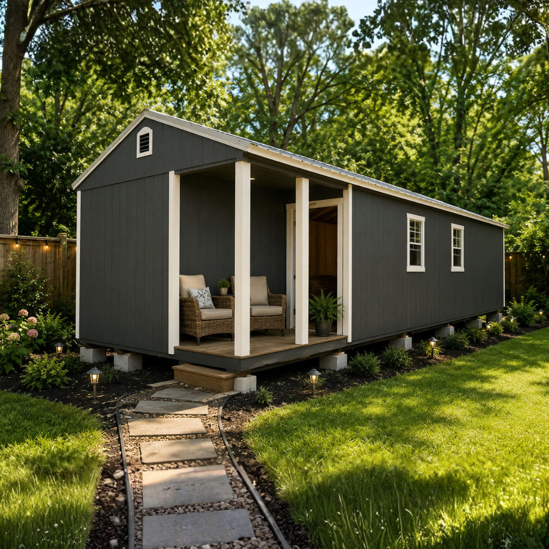 Storage shed interior with shelves of bins and boxes, opening to a green field outside.