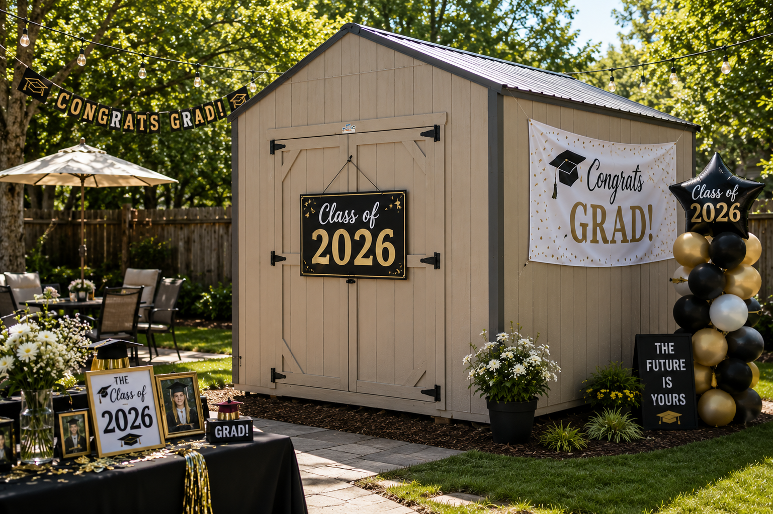 Graduation party setup with a beige shed, black-and-gold “Class of 2026” signs, and balloon decor outdoors