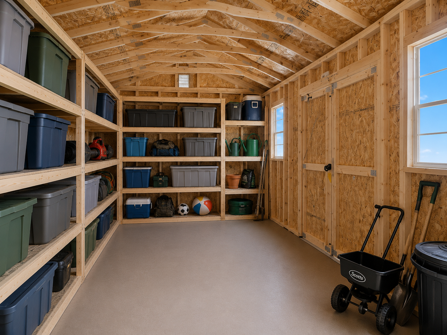 Wood-framed storage room with shelves of bins and tools, beige carpet, and a black lawn mower near the window.