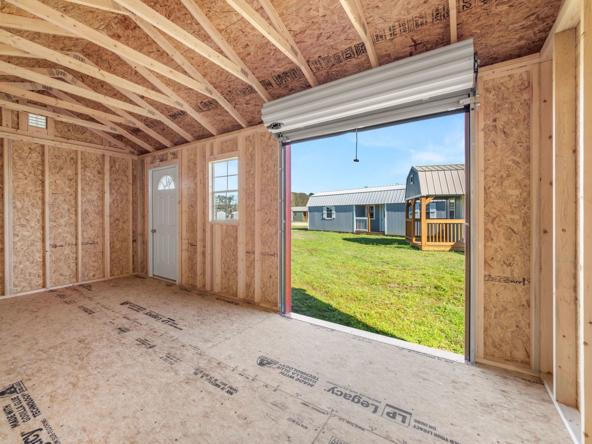 The interior view of a garage.