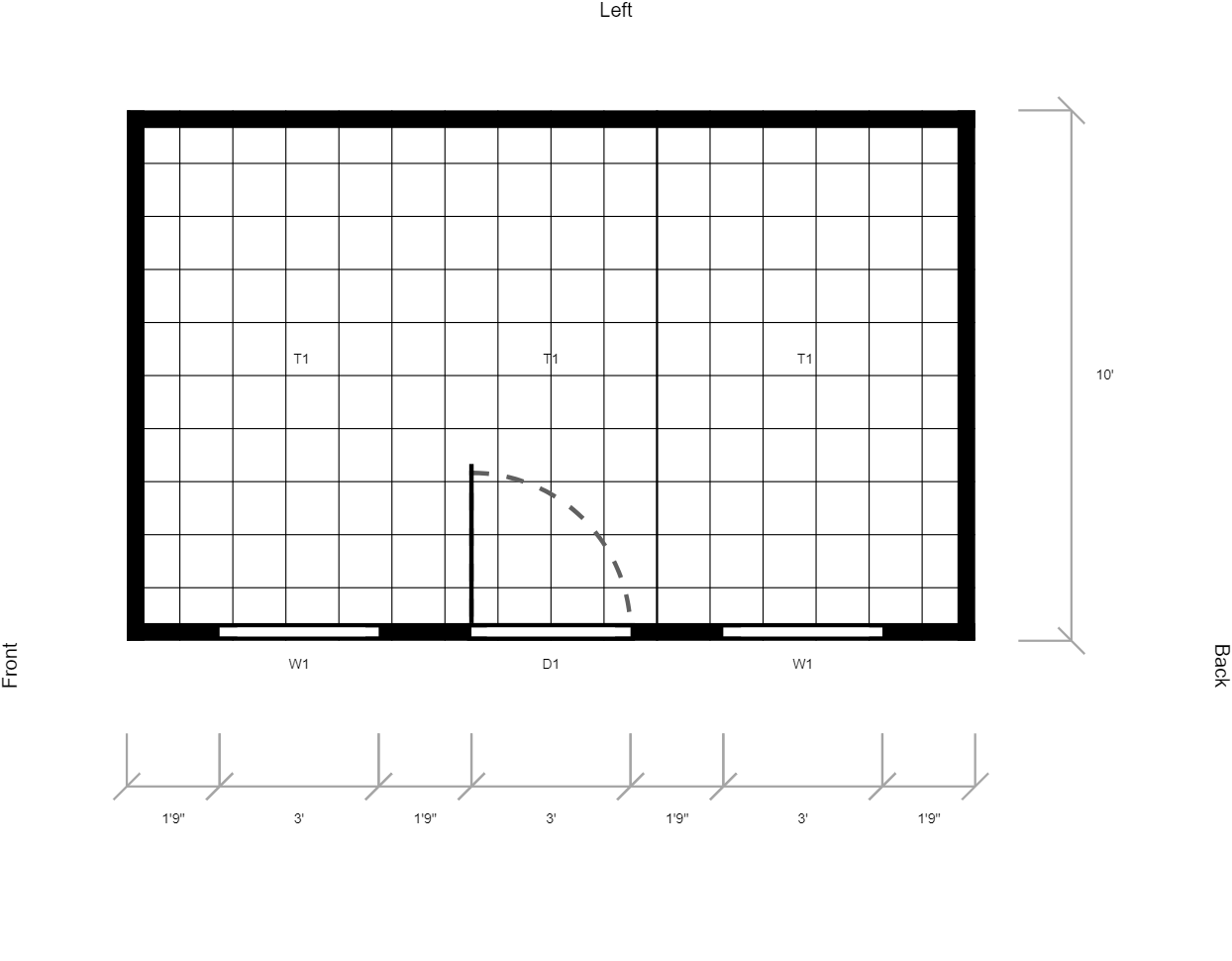 A black and white drawing of a shed with a grid.