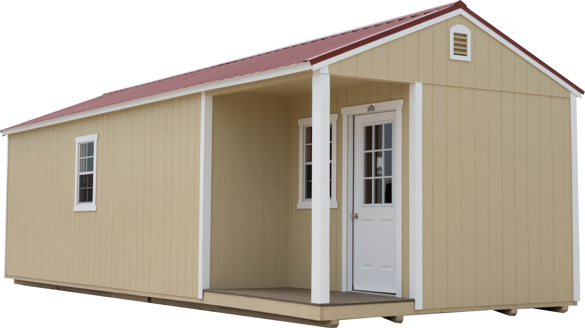 A Center Cabin with a porch and a red roof.