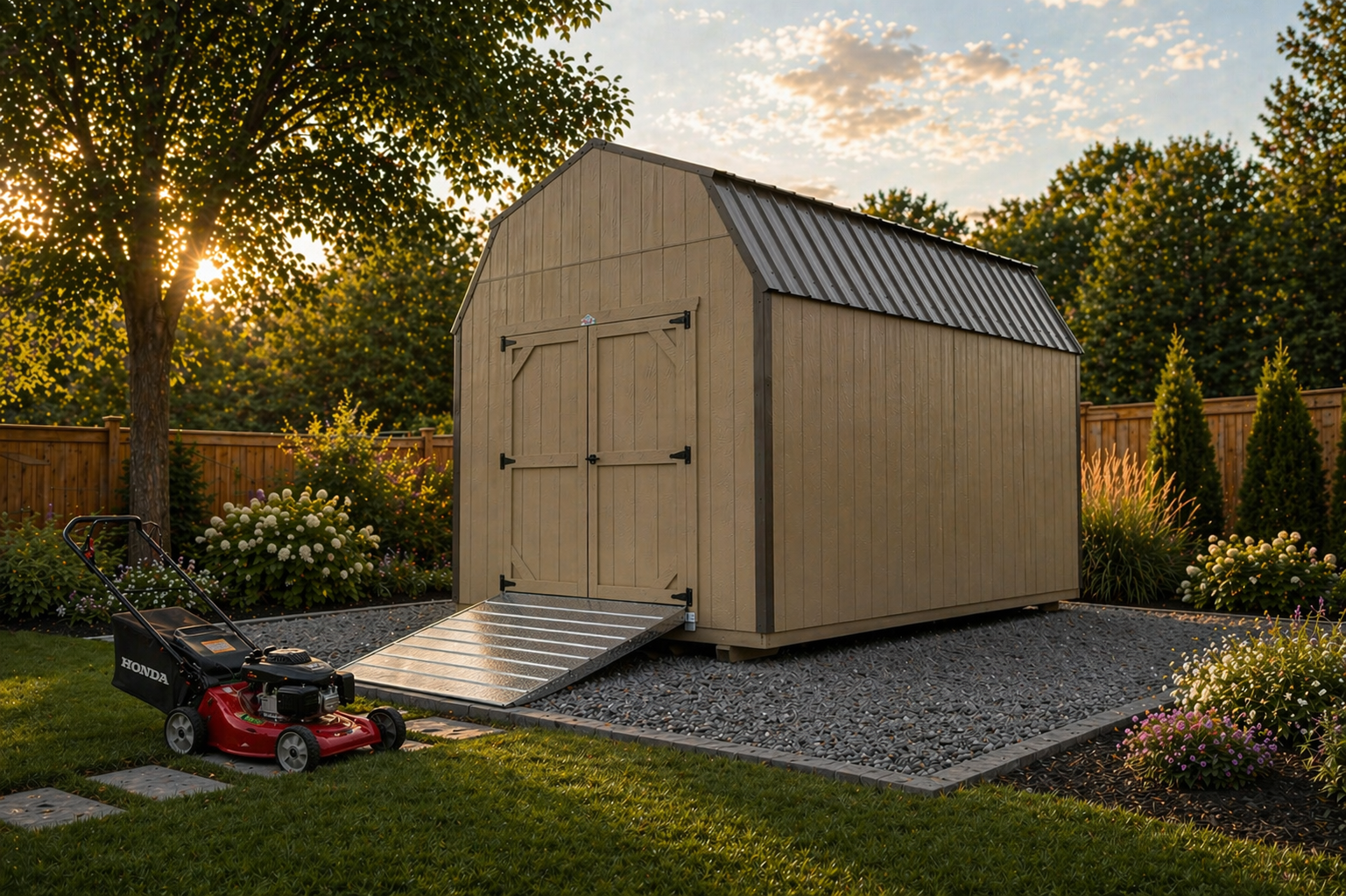 A teal shed on a trailer, ready for transport, in a field at dusk.