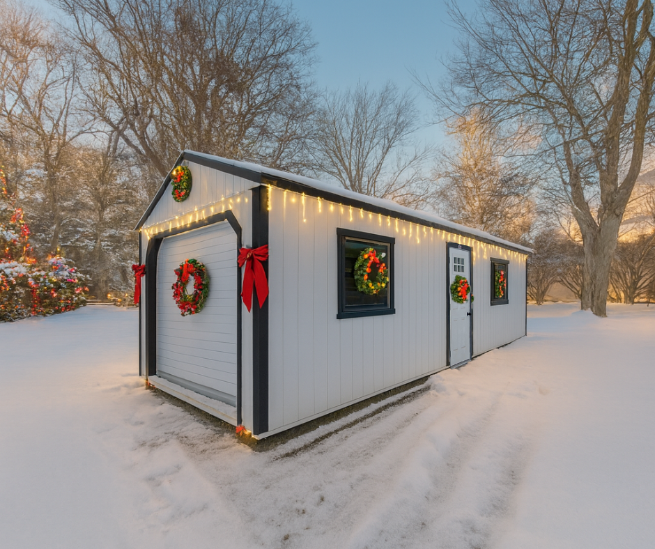 Garage Building in Snow with Christmas Decor