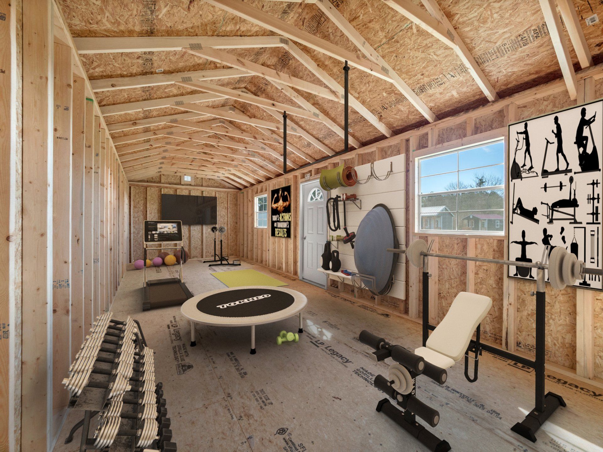 Shed turned into home gym with exercise bench, weights, and equipment benches