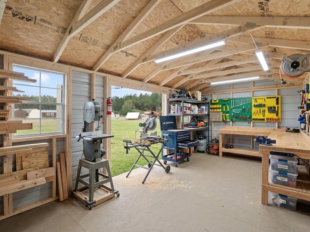 Bright workshop with tools, workbenches, stacked wood, and large open windows under a slanted ceiling.