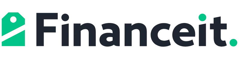 Logo Financeit avec icône turquoise et nom de marque bleu marine foncé sur fond blanc