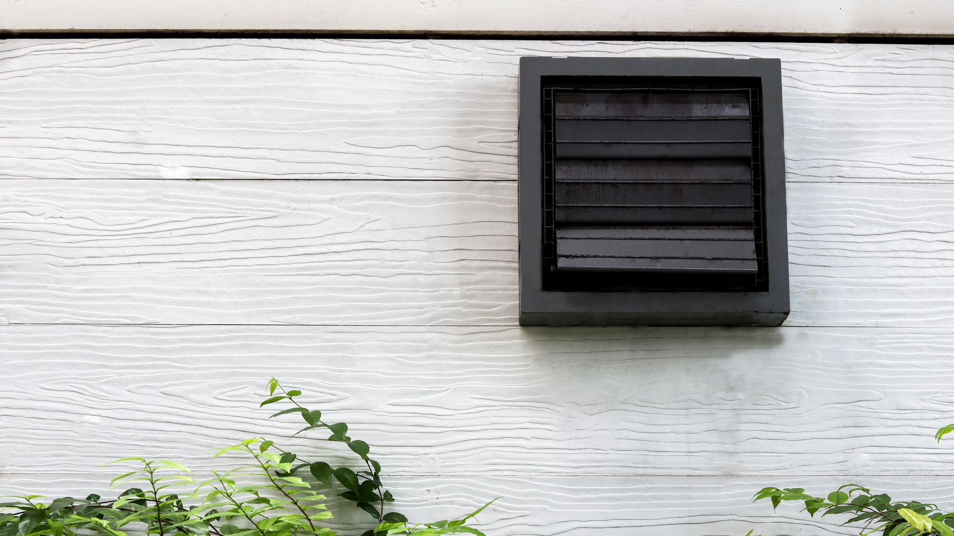 Black wall vent on a white wooden exterior wall with green plants at the bottom.