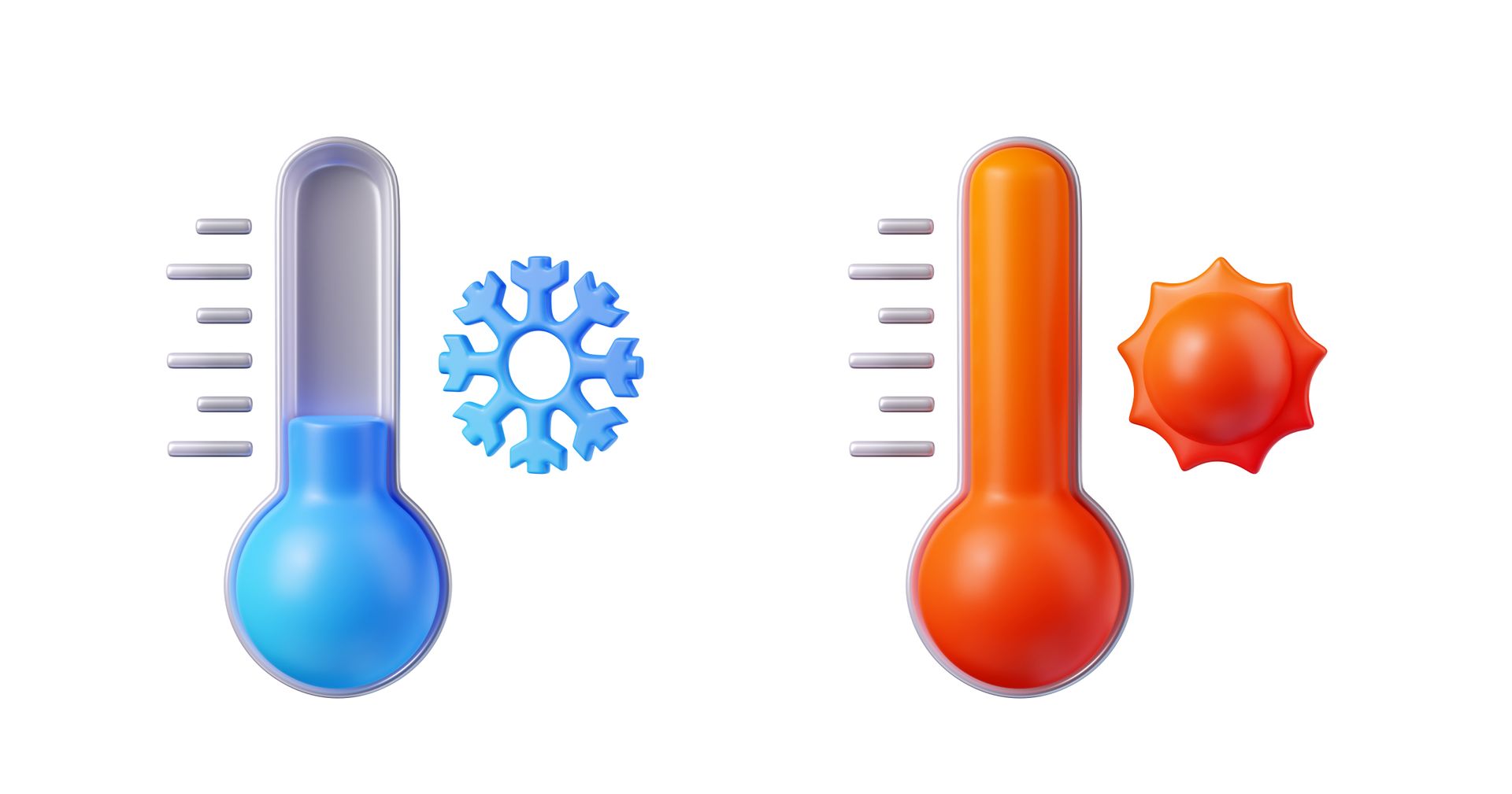 A blue thermometer with a snowflake and a red thermometer with a sun.