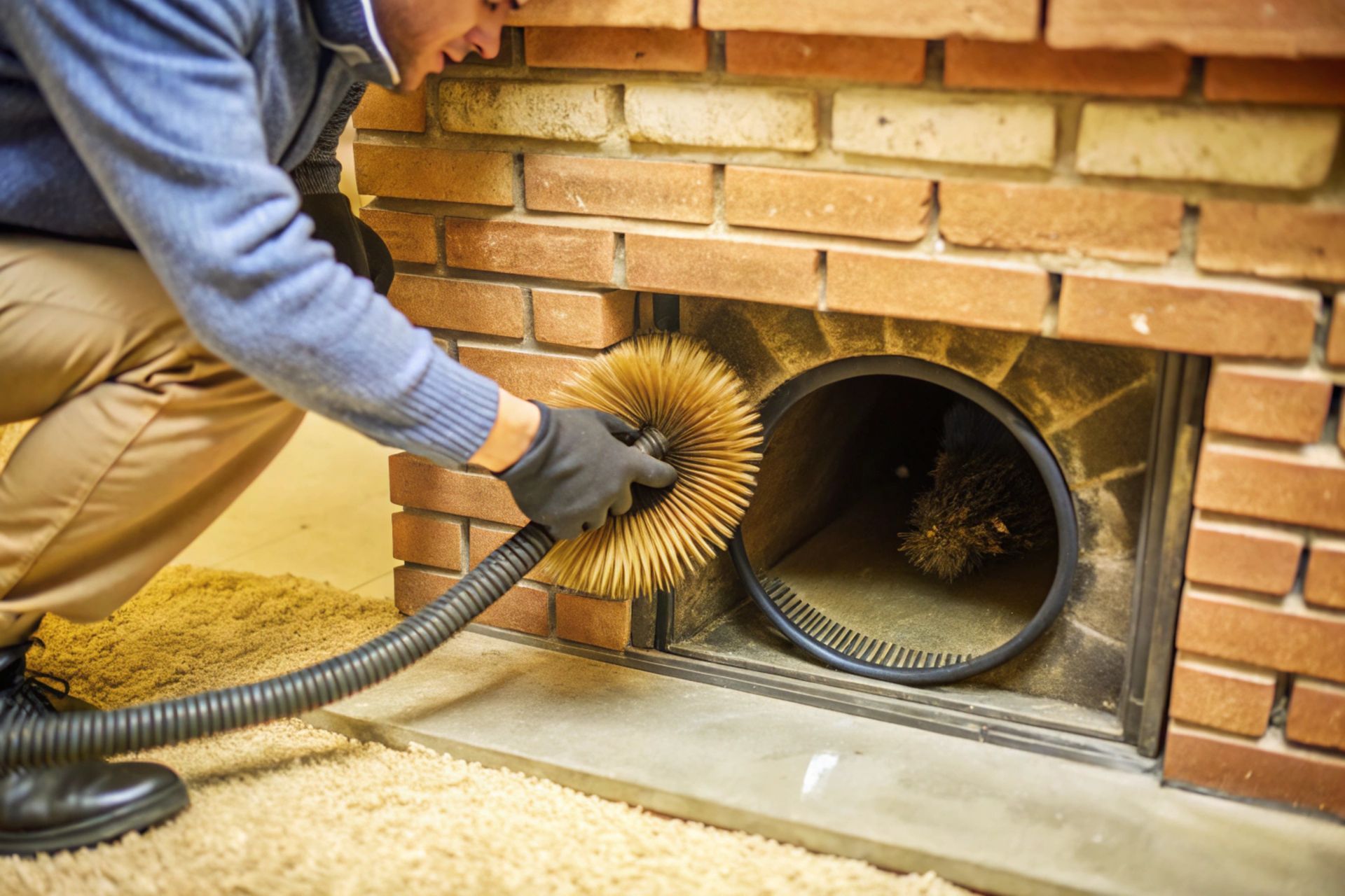A man is cleaning a chimney with a brush.