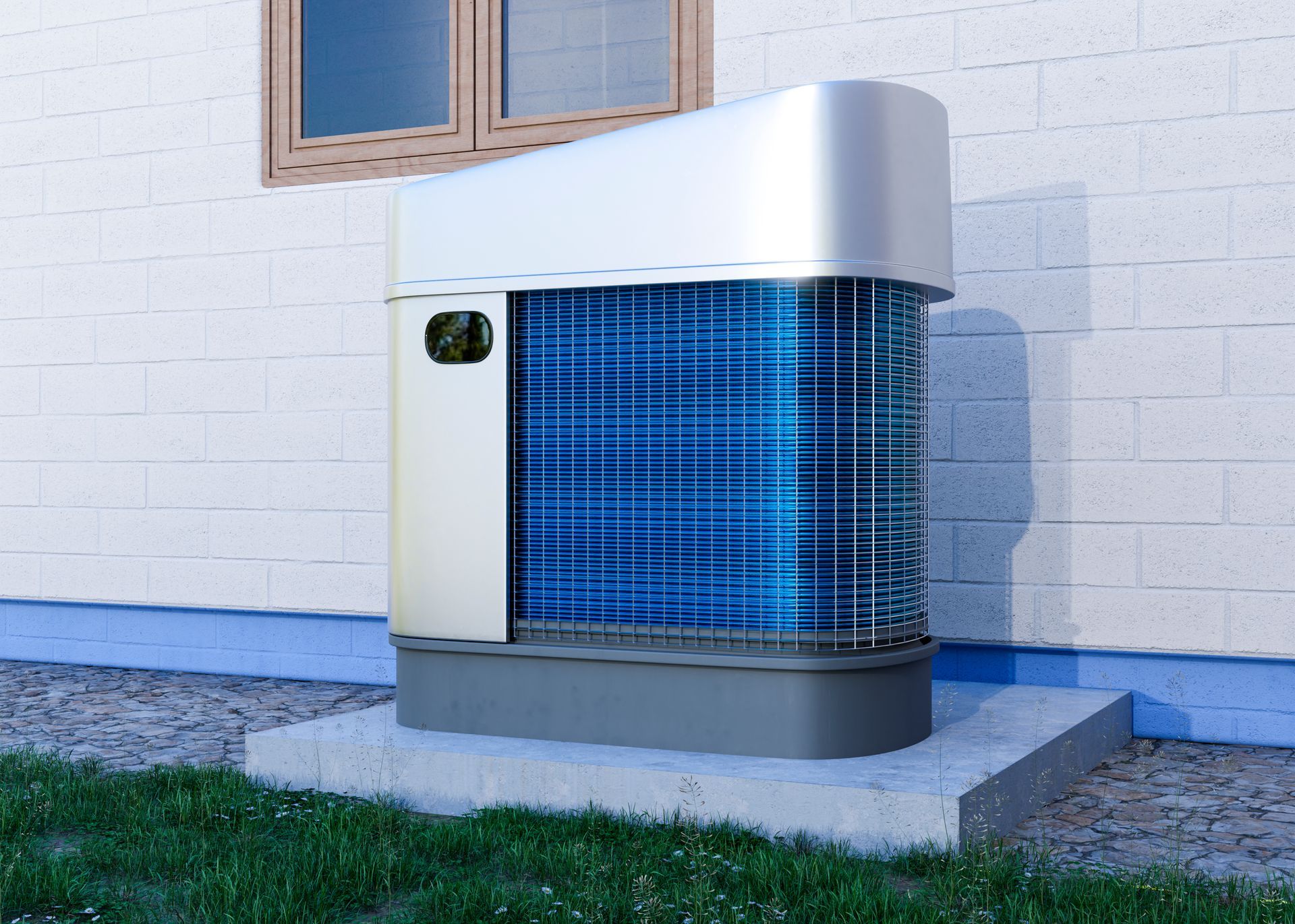 An air conditioner is sitting on the side of a brick building.