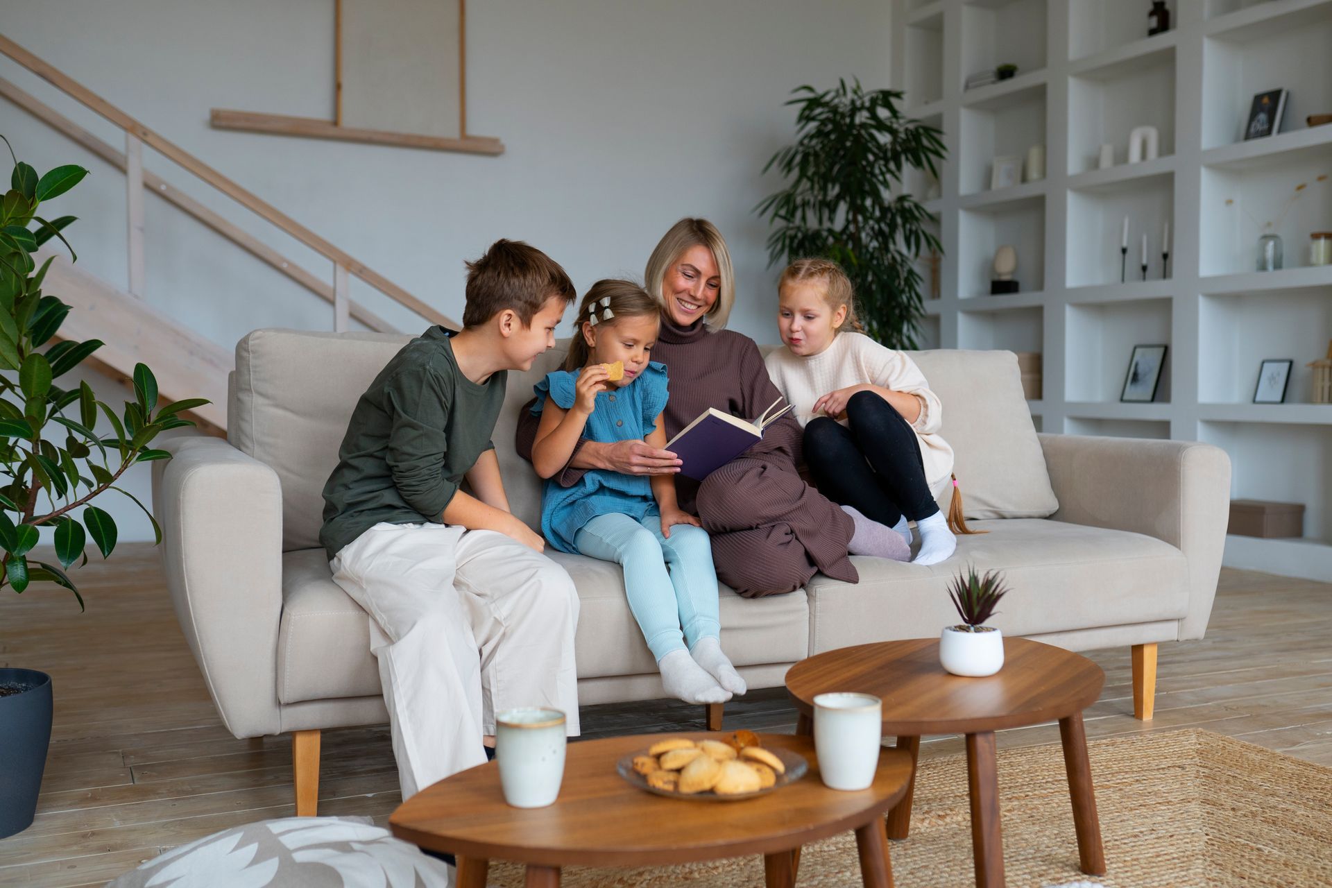 A family is sitting on a couch and playing on the floor in a living room.