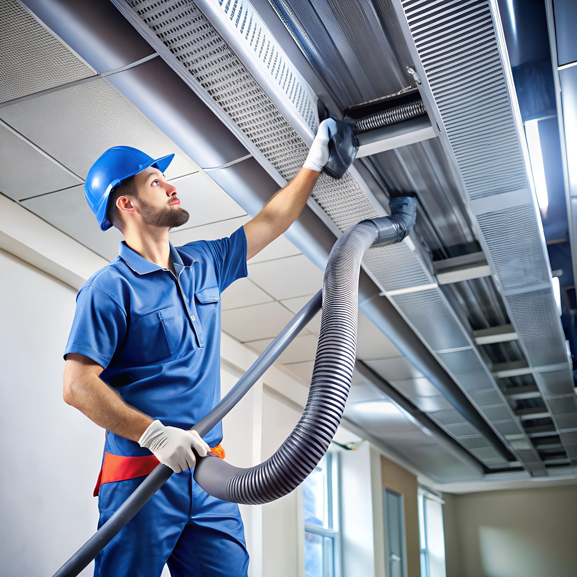 A man is using a vacuum cleaner to clean a ceiling