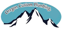 Logo for Oregon Custom Plumbing featuring stylized white mountains against a blue oval background.