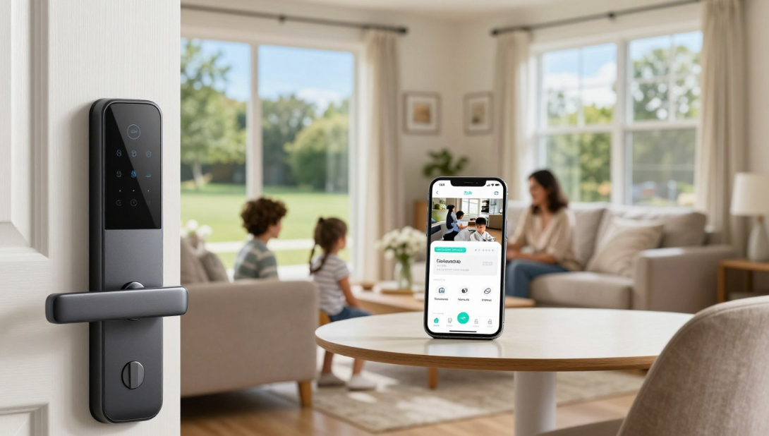 Smart door lock with a phone app controlling it in a bright living room