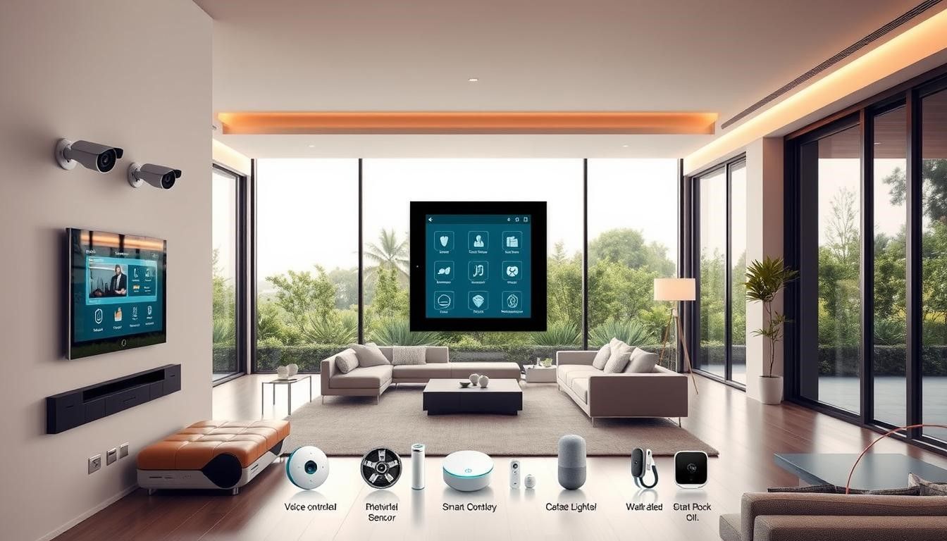 Modern living room with smart home devices: TV, security cameras, control panel, speakers, and projector.