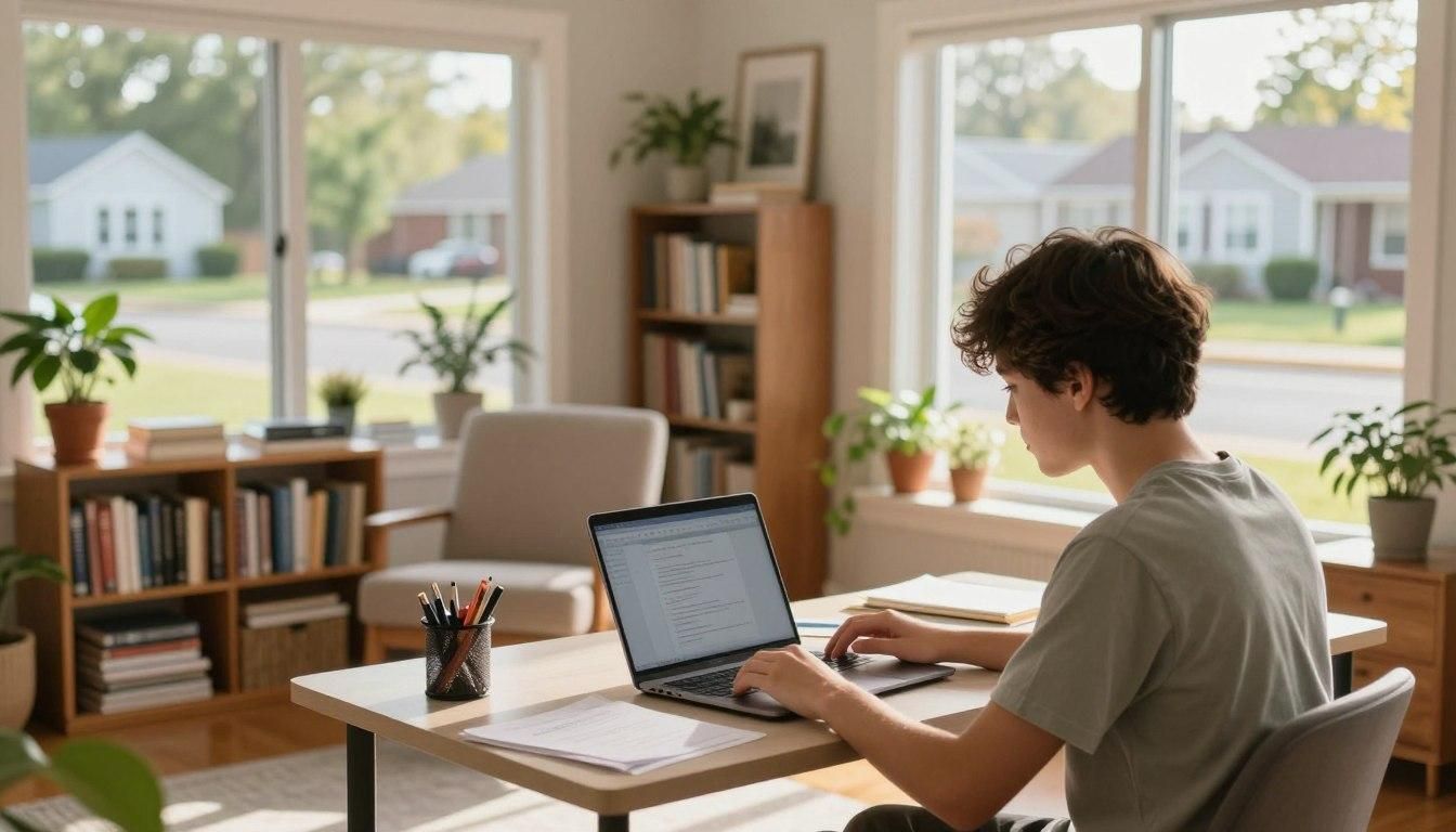 Person typing on a laptop at a desk in a bright home office with bookshelves and large windows.