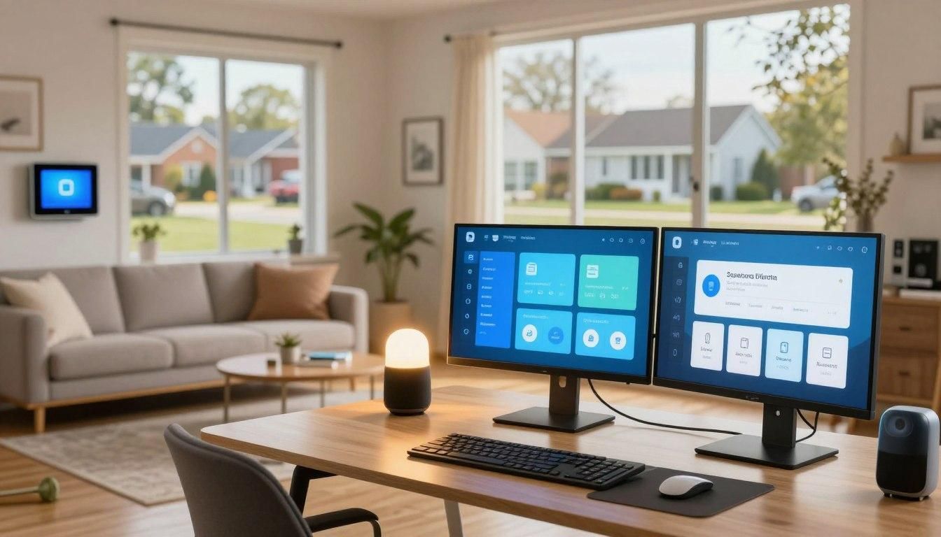 Home office with dual monitors, keyboard, lamp, and a living room view through large windows.