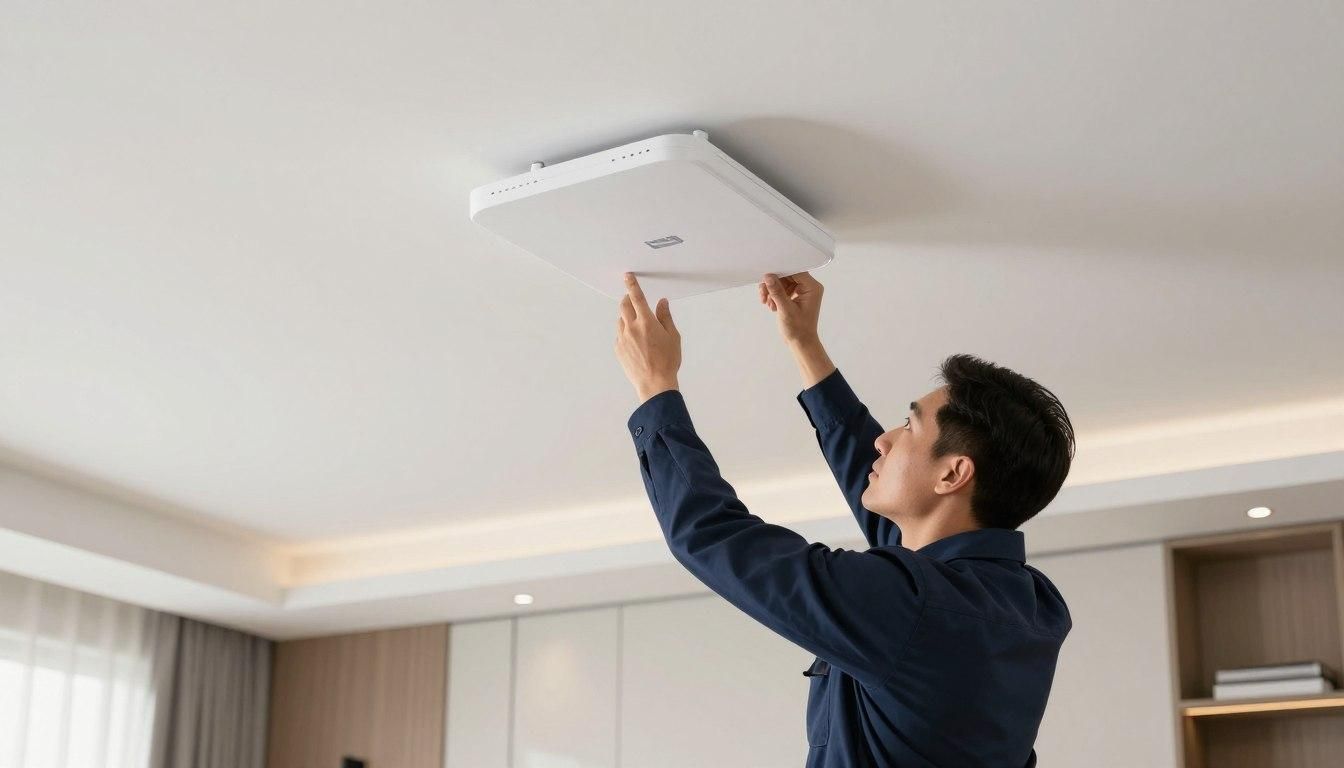 Person installs a ceiling-mounted device. Hands reach up, touching a white, square object on a white ceiling.