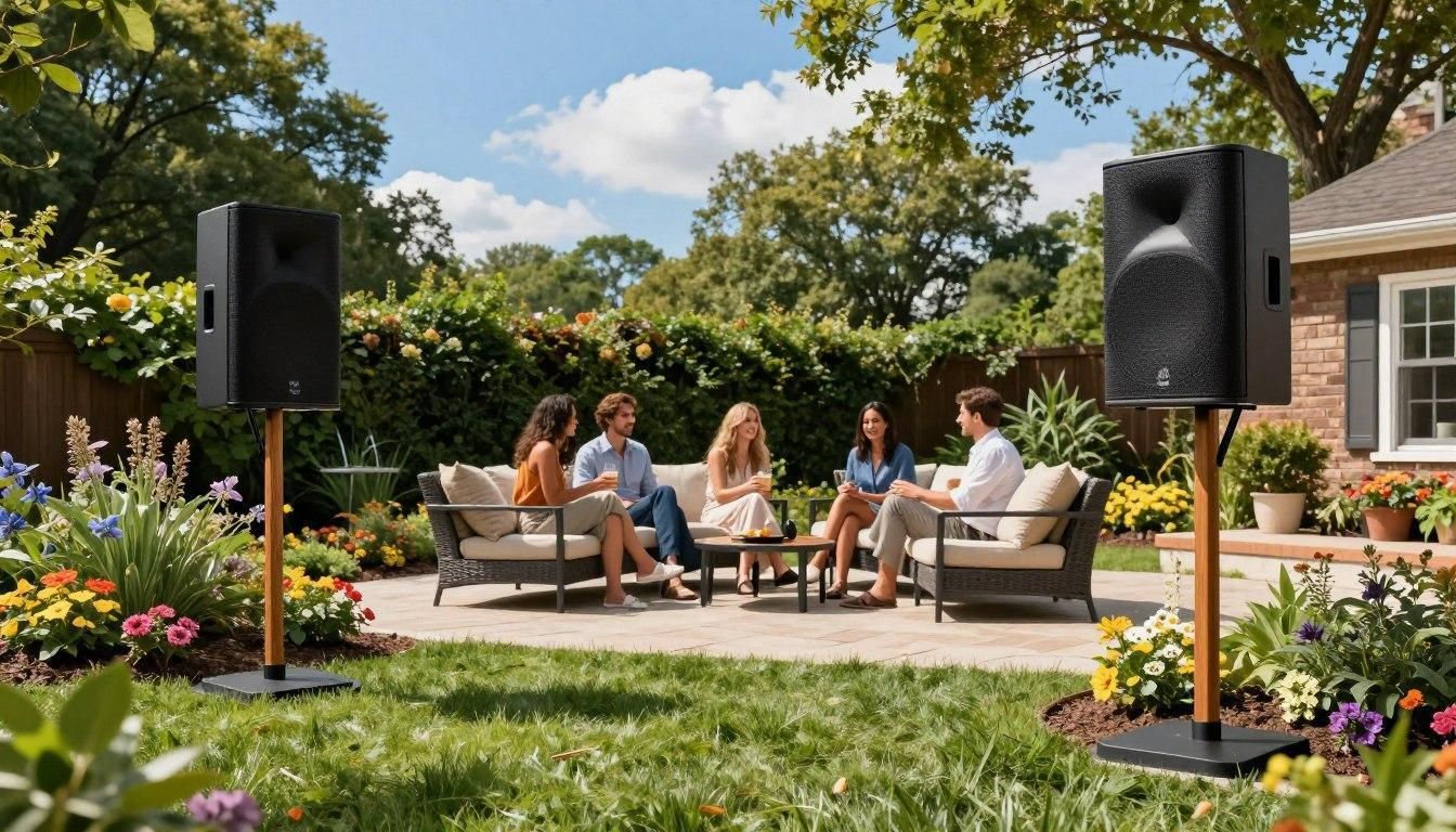 Four people seated on outdoor furniture in a sunny backyard, flanked by two large black speakers on wooden stands.