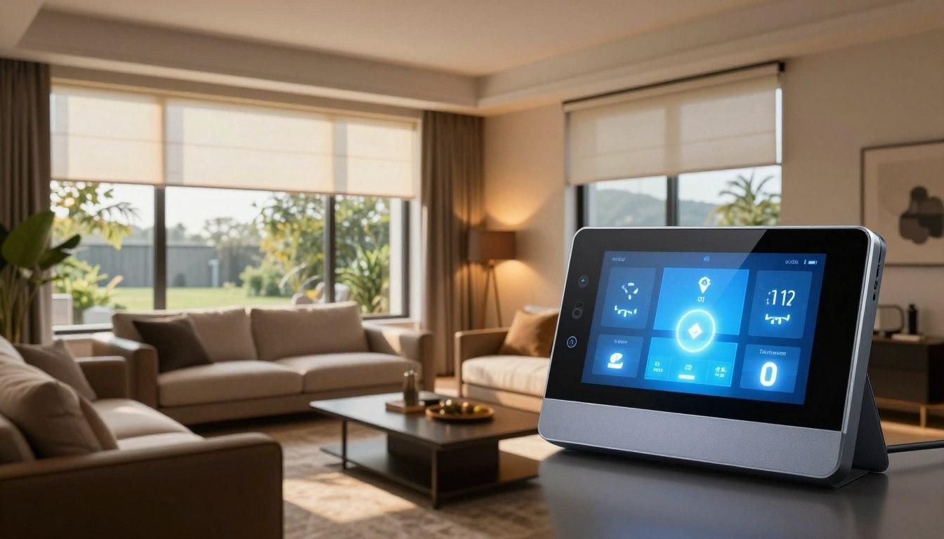 Modern living room with a smart home tablet on a table, overlooking a sofa and large windows