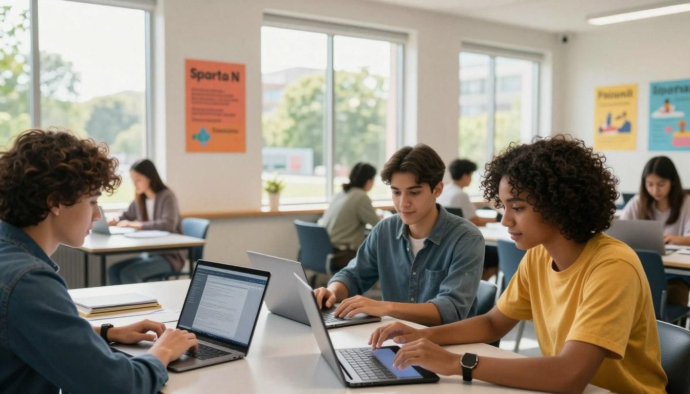Students work on laptops in a bright classroom with posters on the walls.