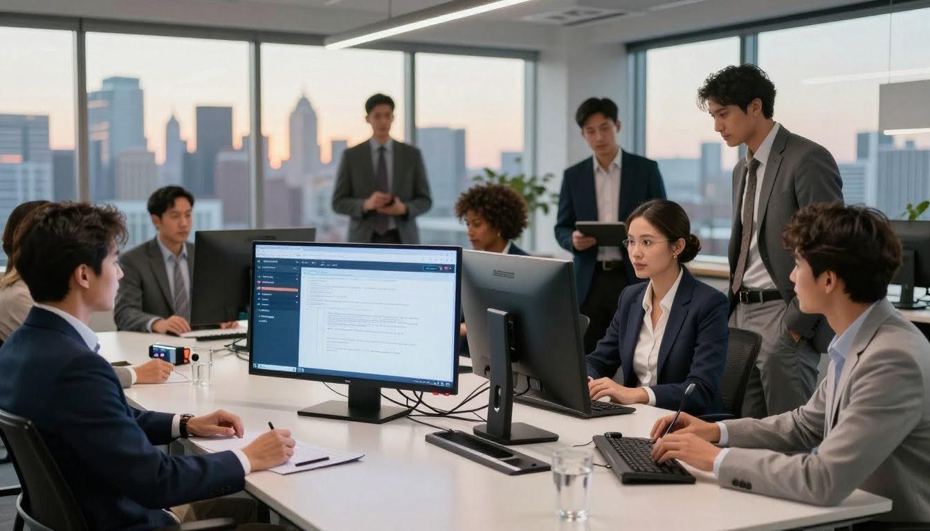 Team meeting in a modern office, with colleagues discussing work around a conference table and monitor.