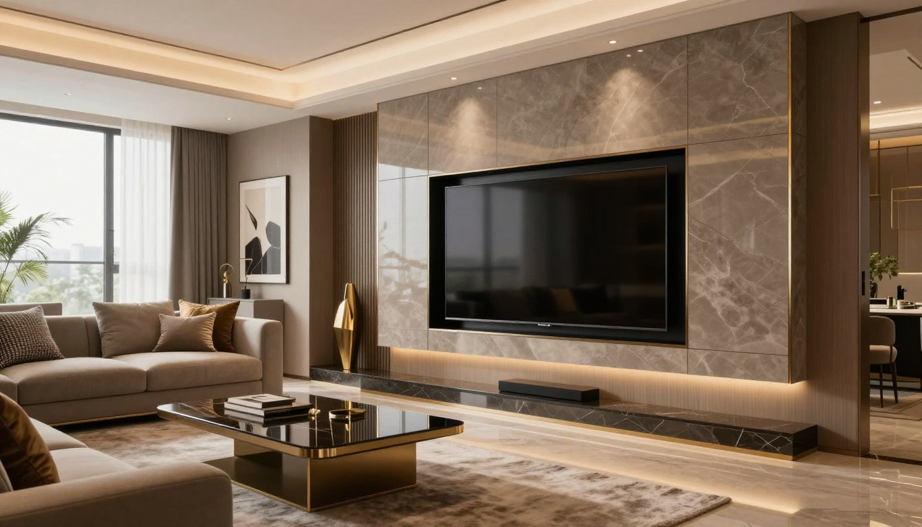 Modern living room with beige sectional sofa, marble TV wall, glass coffee table, and large windows.
