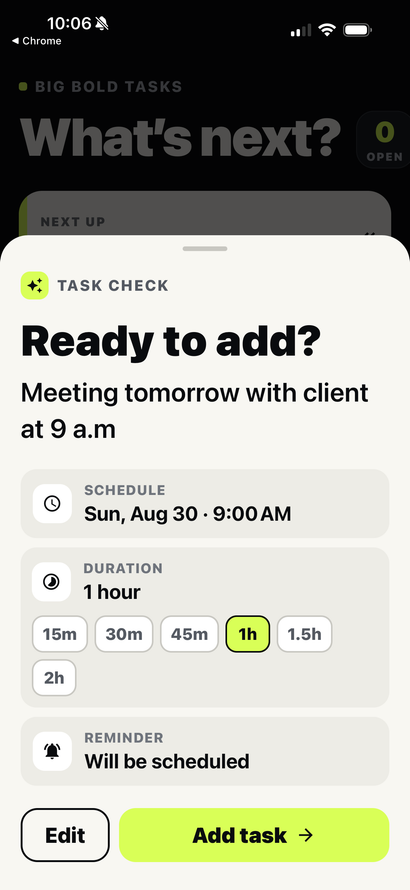 Mobile app task form showing “Ready to add?” with meeting tomorrow at 9 a.m. and an Add task button