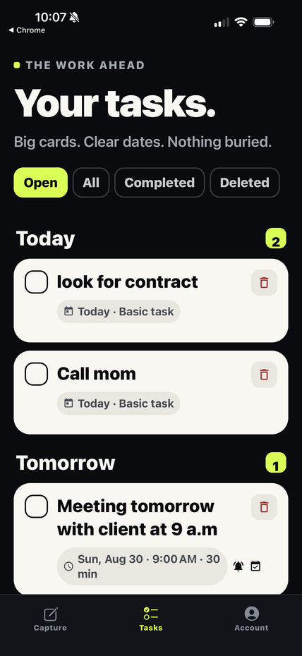 big bold tasks screen shot of task screen
