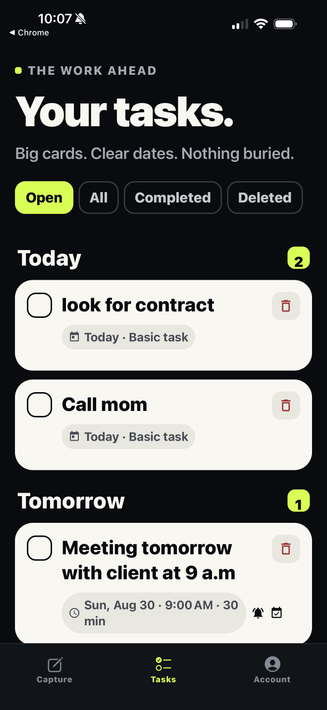 Dark task app screen with “Your tasks” header, tabs, and a list of today and tomorrow reminders.