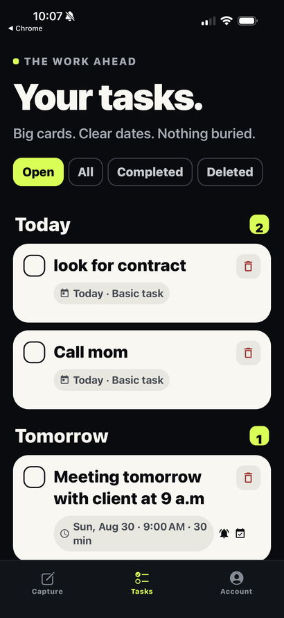 Task app screen showing today and tomorrow to-do cards with checkboxes and filters.