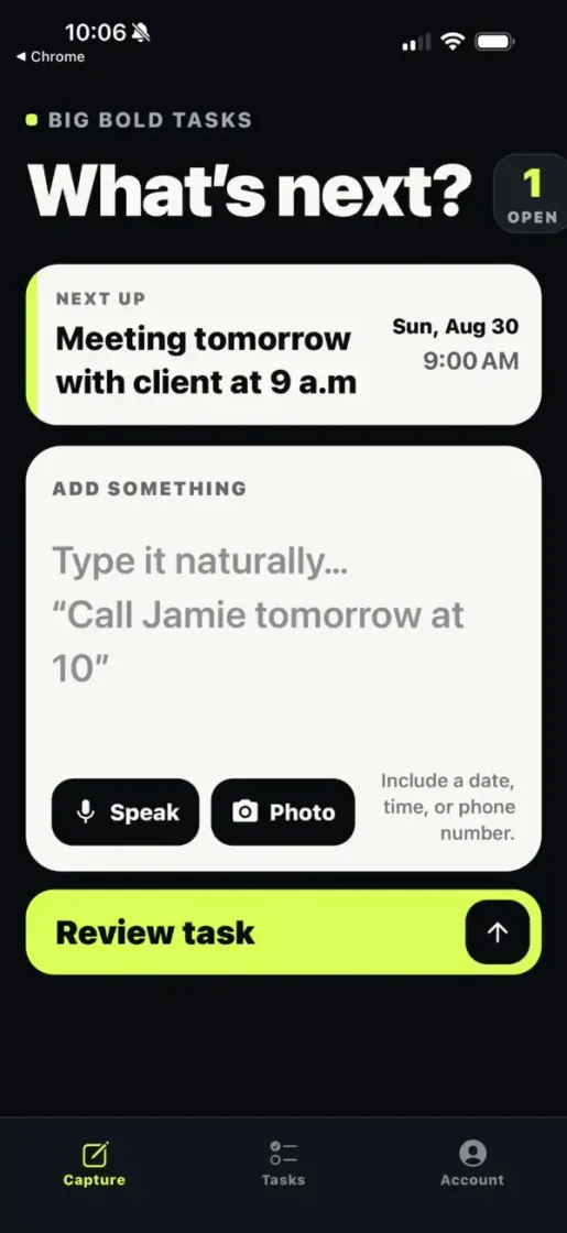 Big Bold Tasks Screen Shot of Home Screen