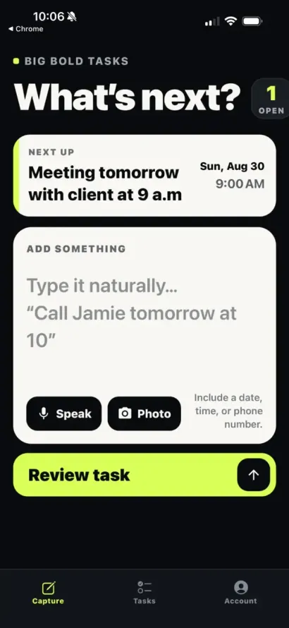 App screen showing a “What’s next?” task dashboard with meeting and message cards on a dark background