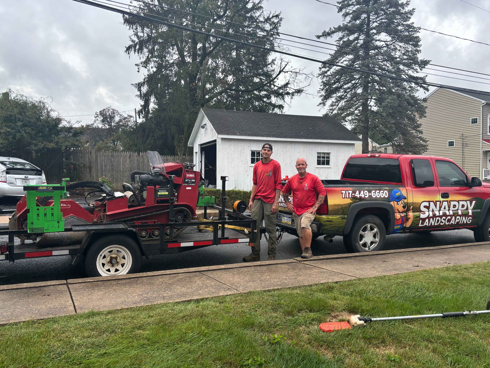 A group of people are working in a garden under a tree.