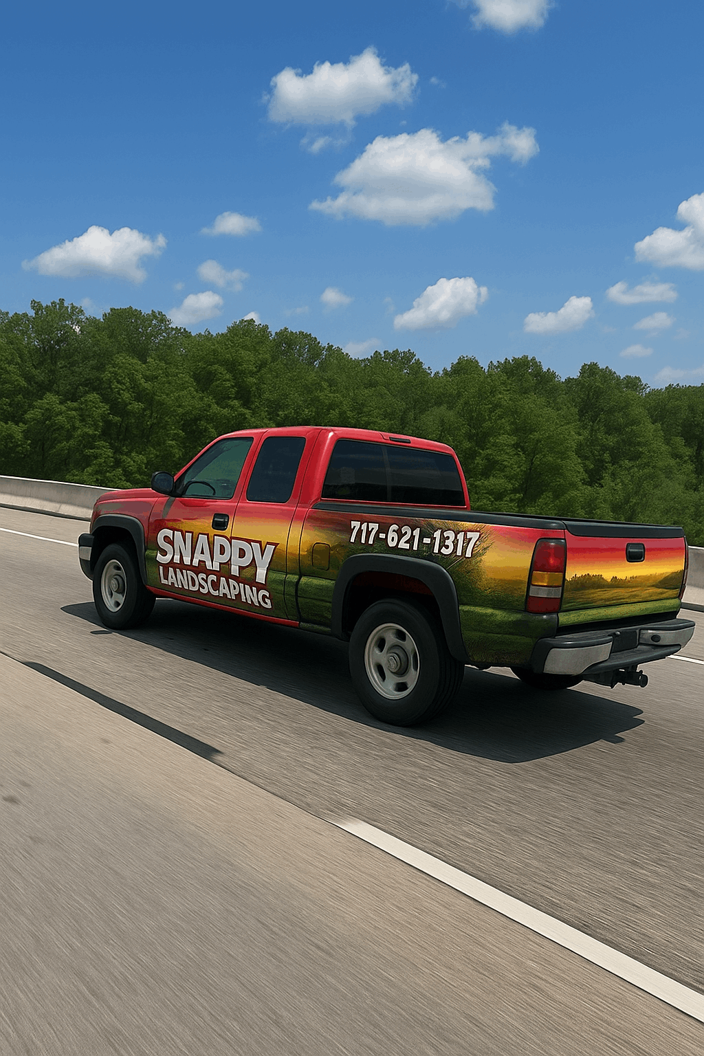 A red and green truck is driving down a highway.