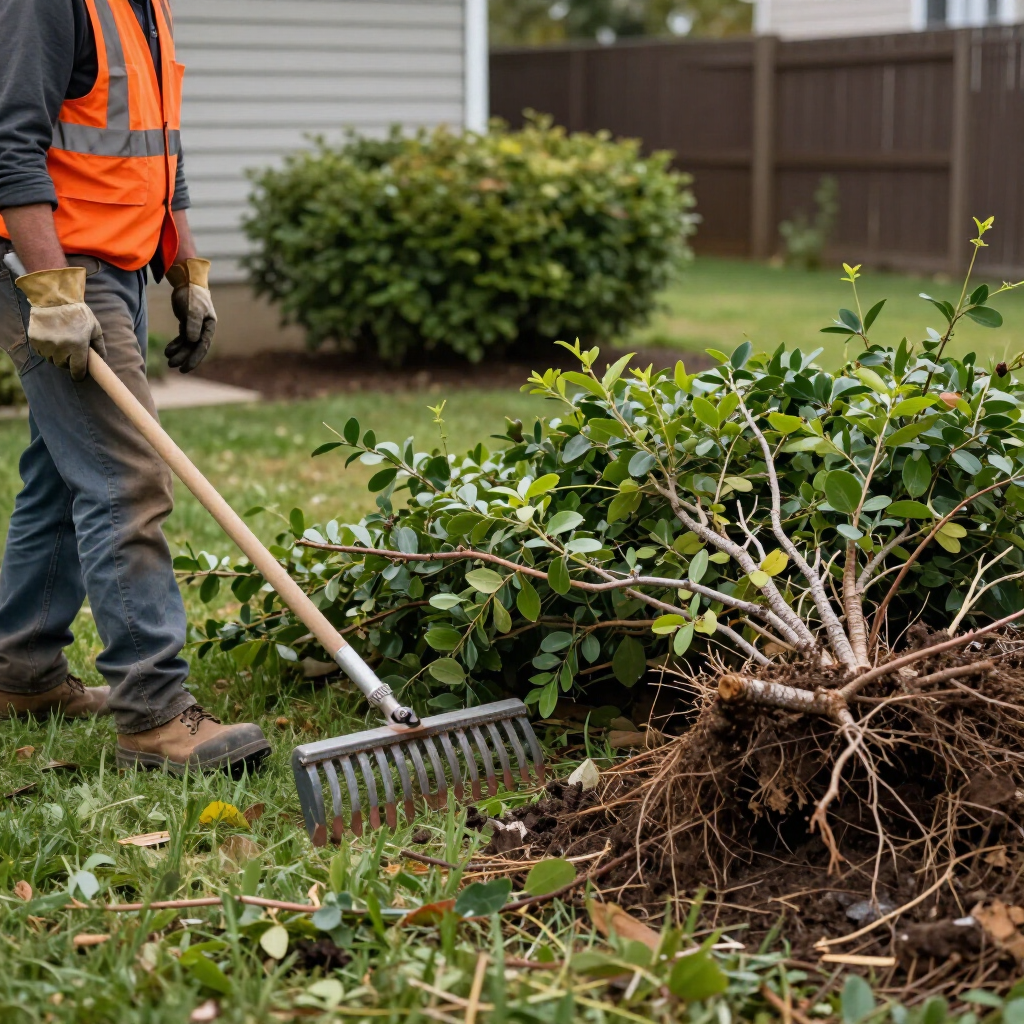 Worker raking up an uprooted shrub in a suburban yard
