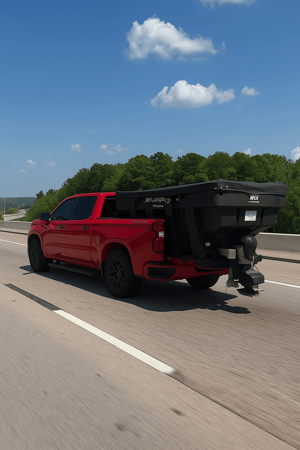 A red pickup truck with a large black salt spreader mounted in the truck bed driving on a highway under a blue sky.