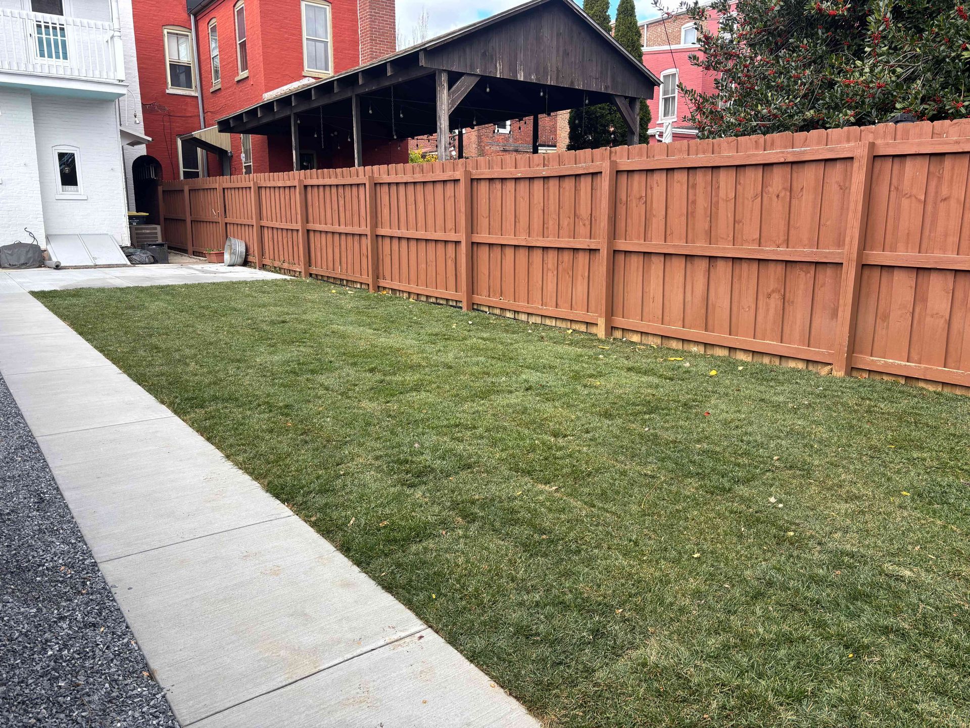 A green backyard lawn bordered by a concrete walkway and a tall wooden fence, with a brick building in the background.