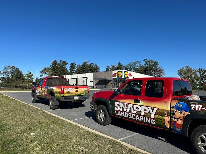 Two Snappy Landscaping trucks parked by a roadside under a clear blue sky