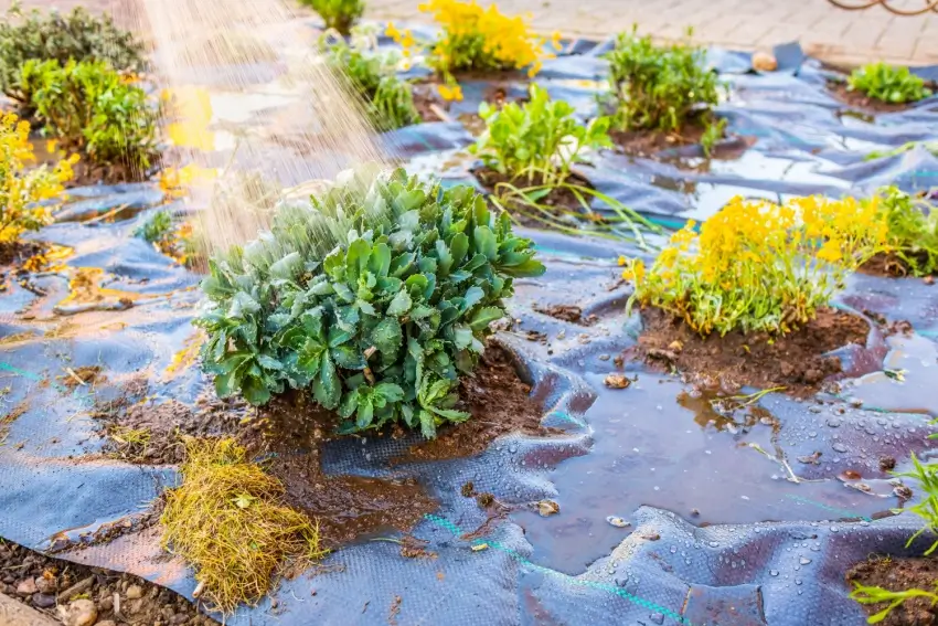 A person is watering plants in a garden with a hose.