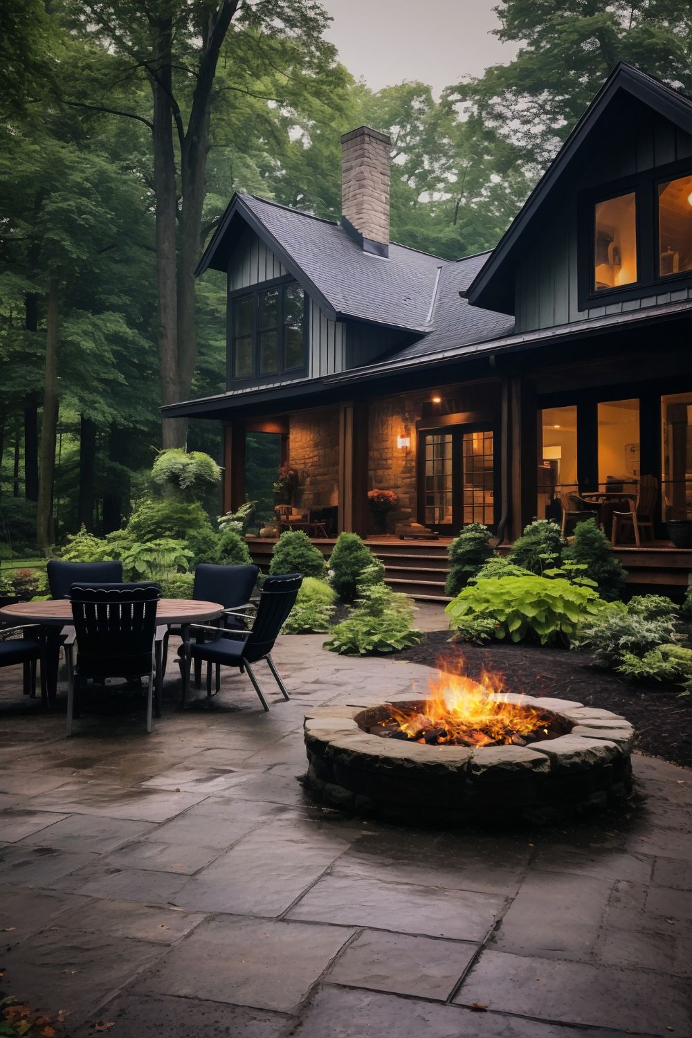 A stone patio with a fire pit and dining set outside a dark house in a lush, wooded setting at dusk.