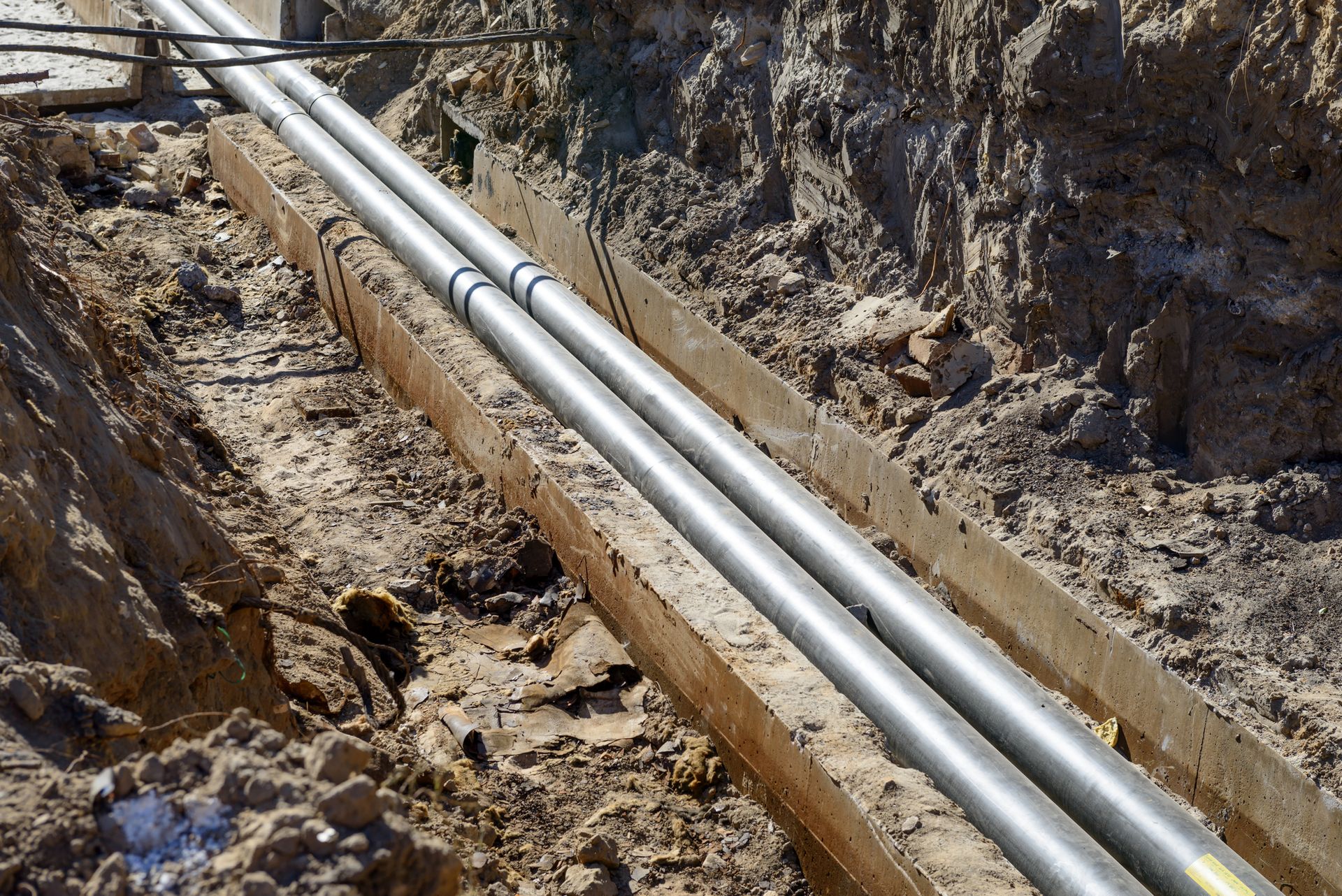 Two silver pipes laid in a muddy trench during underground utility construction