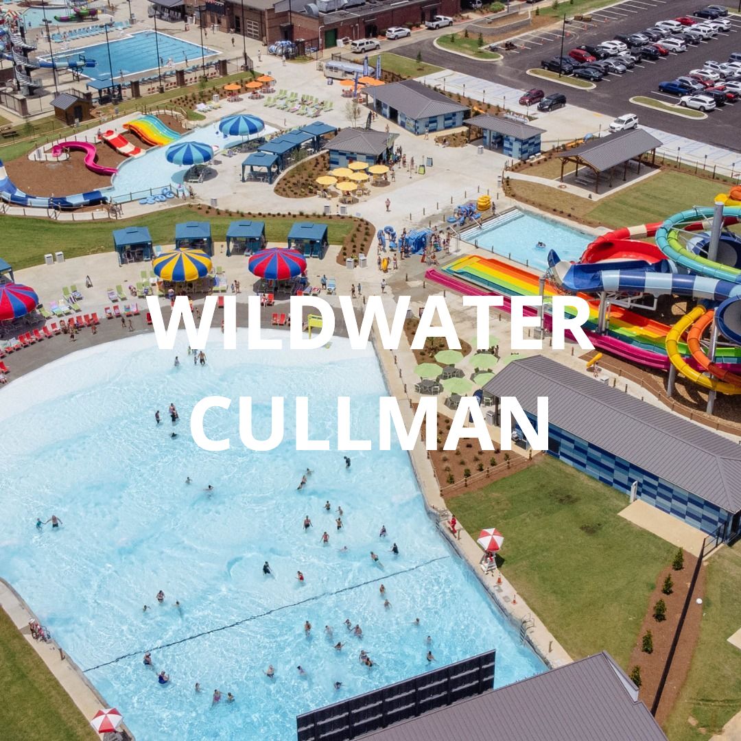 Aerial view of Wildwater Cullman water park with pools, slides, and visitors.