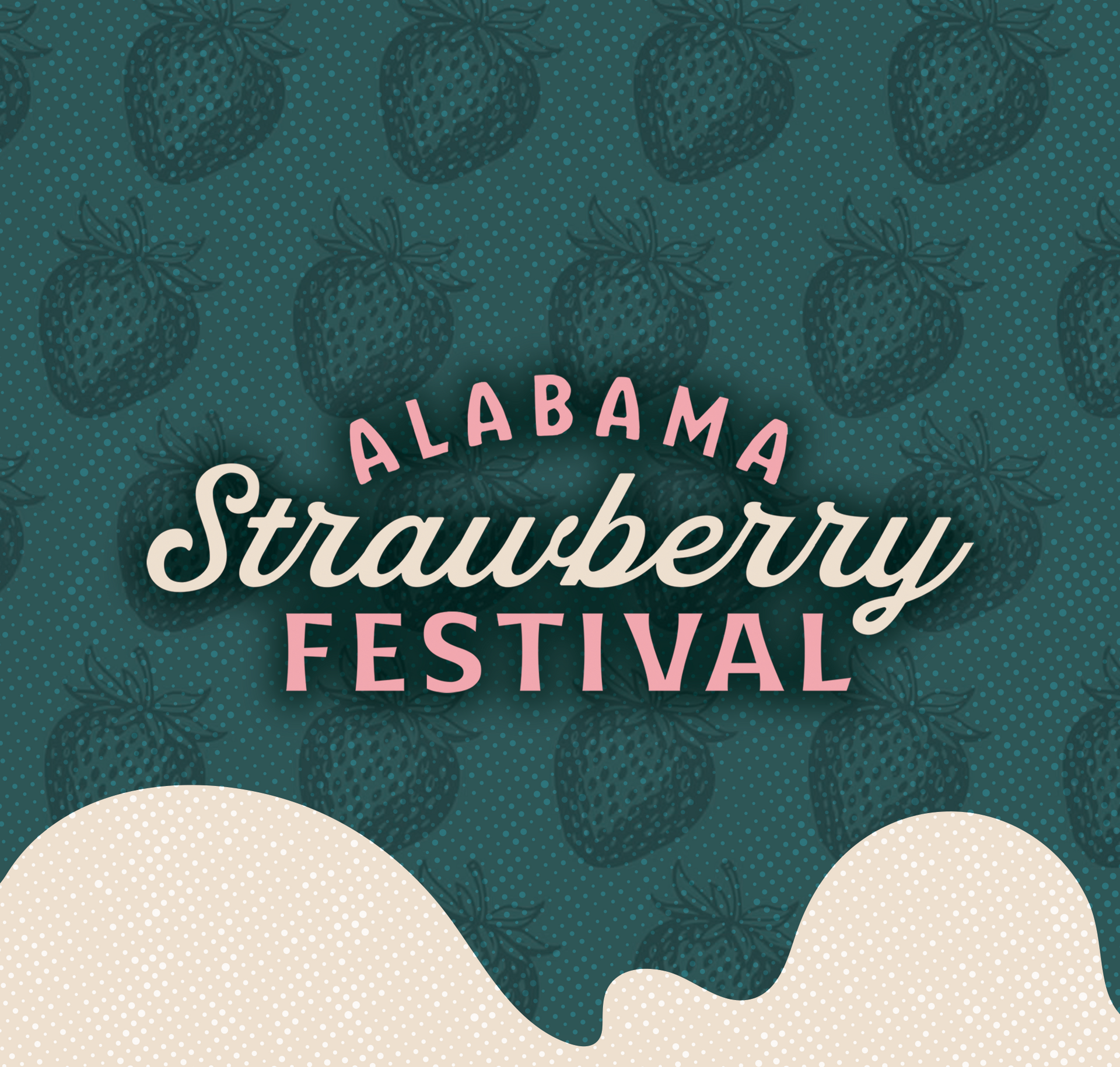 Alabama Strawberry Festival poster with pink lettering on teal strawberry-patterned background and cream hills