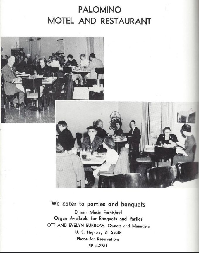 Black-and-white ad for Palomino Motel and Restaurant with banquet dining photos and reservation details.