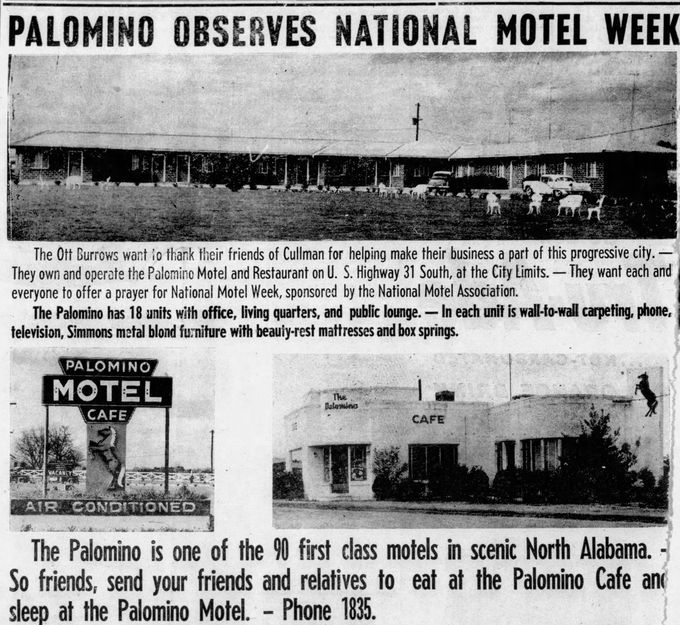Newspaper clipping titled “Palomino Observes National Motel Week” with text and two motel photos