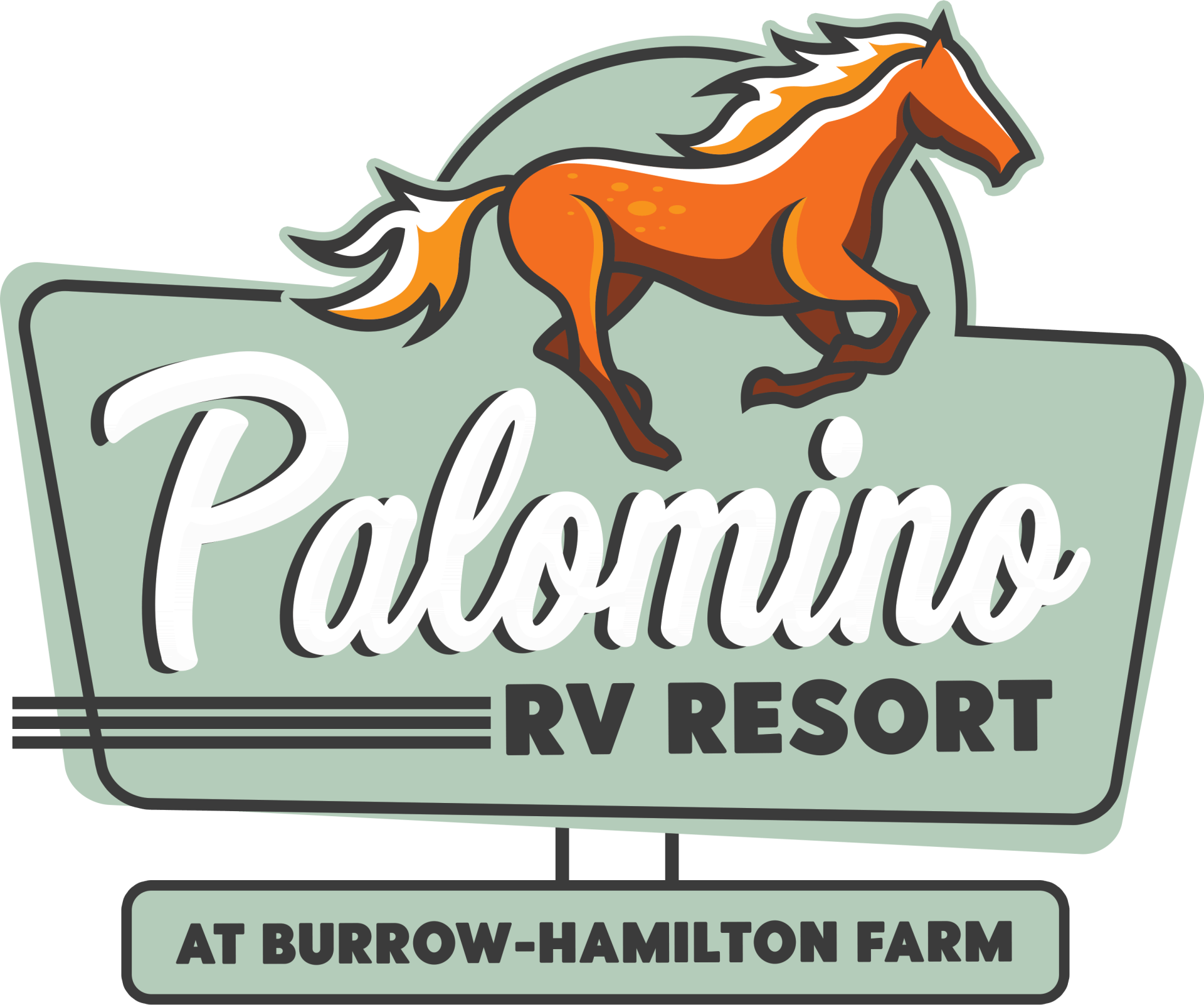 Palomino RV Resort logo with orange horse and “At Burrow-Hamilton Farm” text