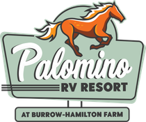 Palomino RV Resort logo with orange horse and “At Burrow-Hamilton Farm” text