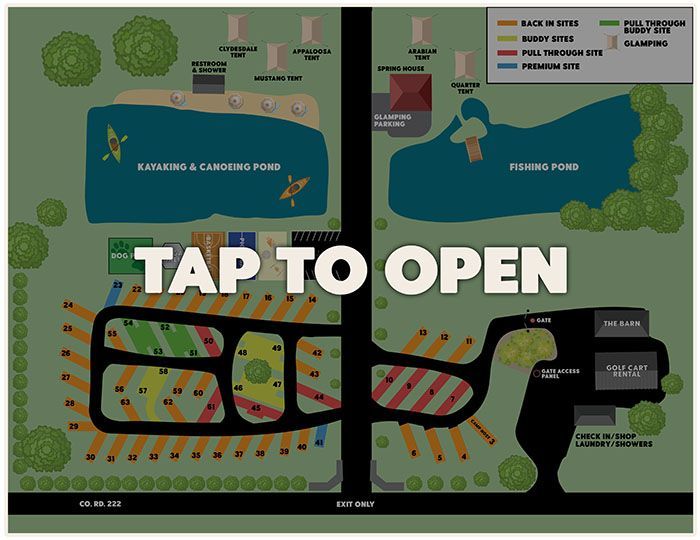 Colorful campground map with roads, tents, lake, trees, and a large “TAP TO OPEN” overlay, 125 chars